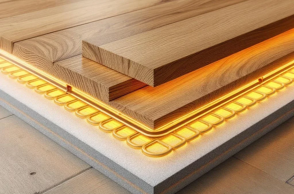 Dwarsdoorsnede van houten parketvloer met elektrische vloerverwarming onder eikenplanken, toont verwarmingskabels