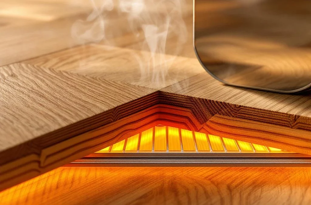 Dwarsdoorsnede van houten parketvloer met vloerverwarming, warme gloed door planken, natuurlijke houtstructuur zichtbaar