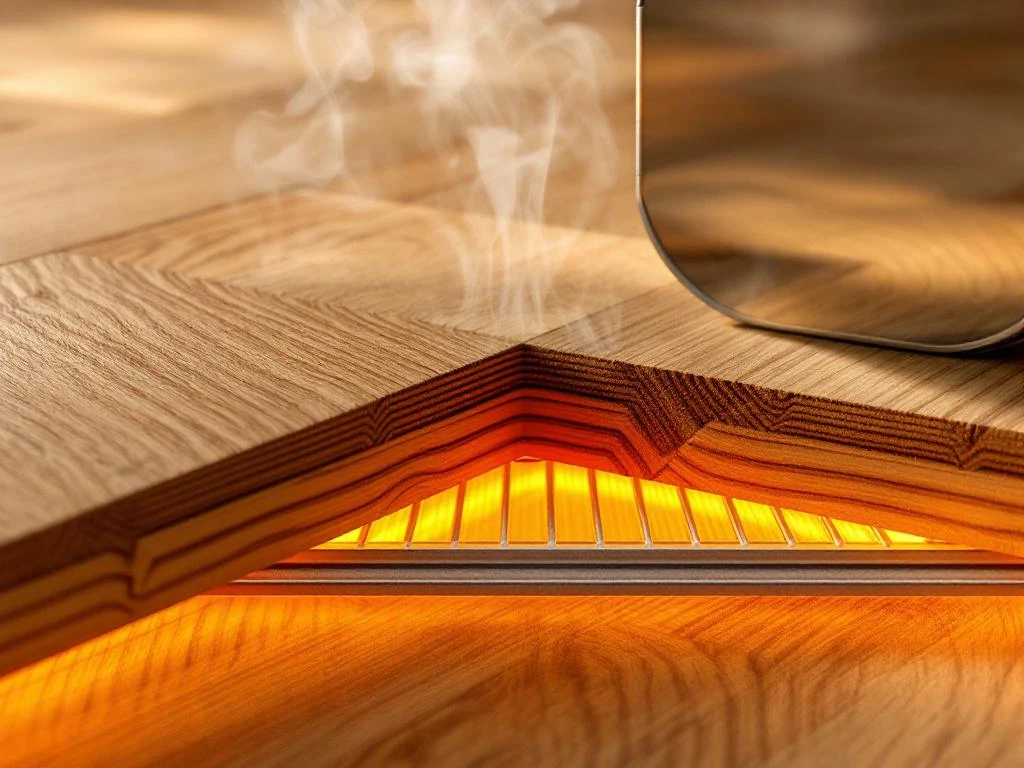 Dwarsdoorsnede van houten parketvloer met vloerverwarming, warme gloed door planken, natuurlijke houtstructuur zichtbaar