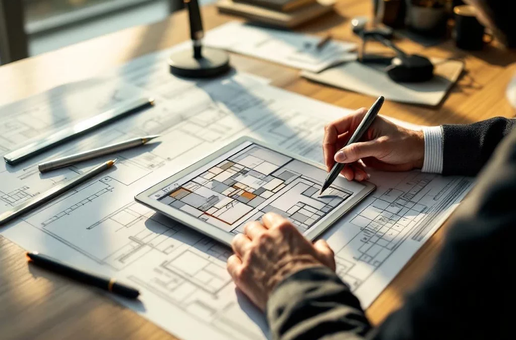 Architect bekijkt bouwplannen en vloerverwarmingsschema's op tablet aan houten bureau met meetgereedschap