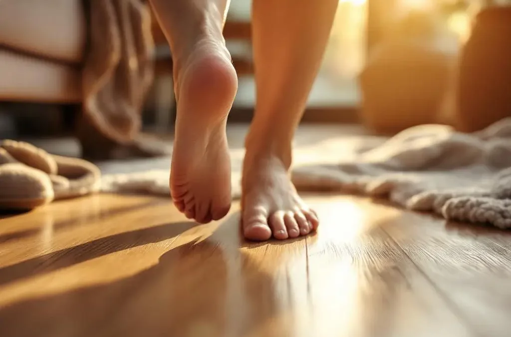 Blote voeten op warme houten vloer met vloerverwarming, wolslippers ernaast, Scandinavische woonkamer in ochtendlicht