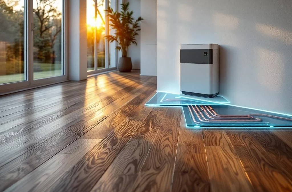 Moderne woonkamer met donkere eiken parketvloer, vloerverwarming en warmtepomp tegen witte muur in gouden uurtje licht