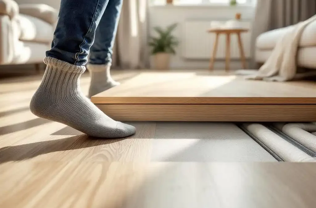 Vloerdoorsnede met vloerverwarming in beton onder eiken vloer, warme sokvoet in moderne Scandinavische woonkamer.