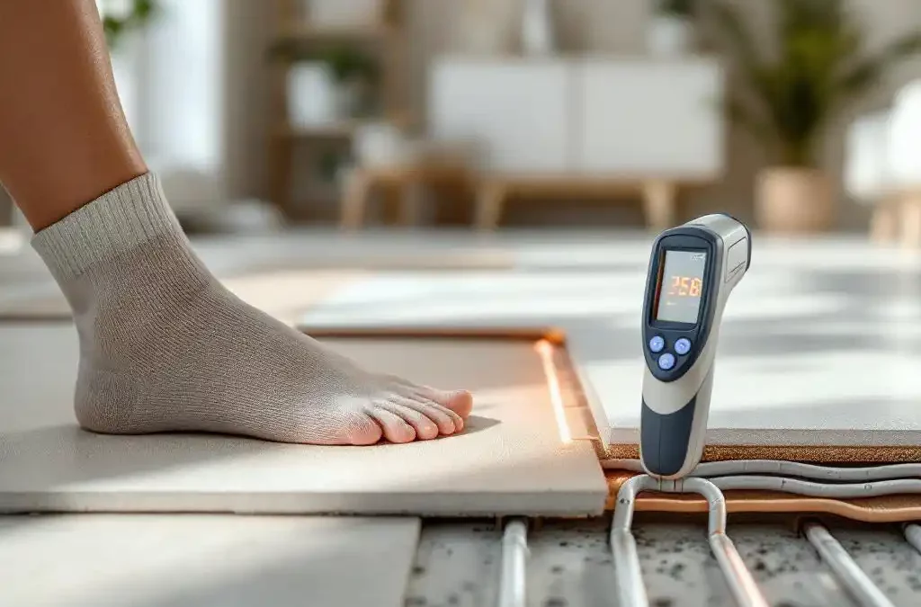 Vloerverwarming met zichtbare leidingen onder opgetilde vloer, sokvoet test warmte, infraroodthermometer in moderne woonkamer