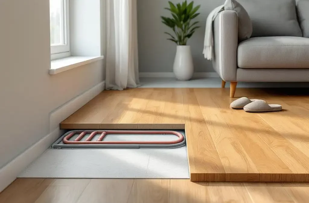 Cutaway vloer met houten parket en tegelovergang, zichtbare warmwater vloerverwarming, slippers en sofa poot in daglicht