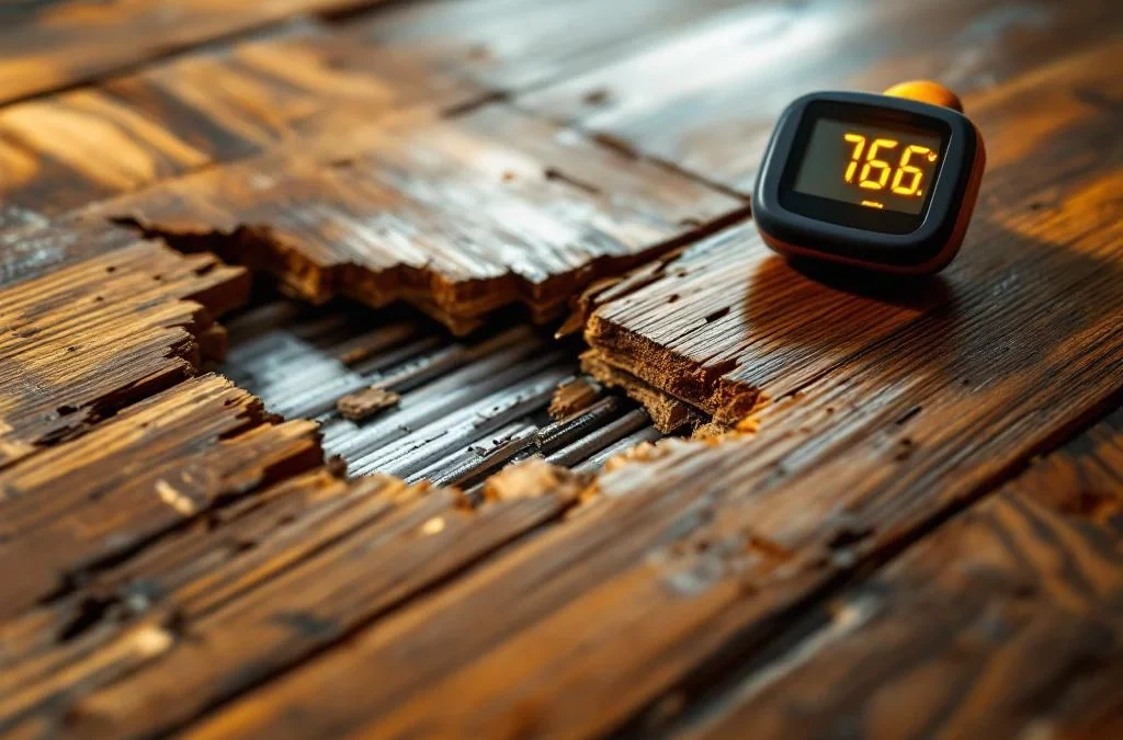 Beschadigde parketvloer met kromgetrokken planken, zichtbare vloerverwarming en digitale thermometer