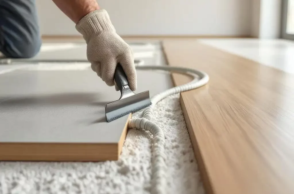 Hand van installateur met getande lijmkam tussen porseleinen tegel en eiken plank, vloerverwarming zichtbaar in ondervloer
