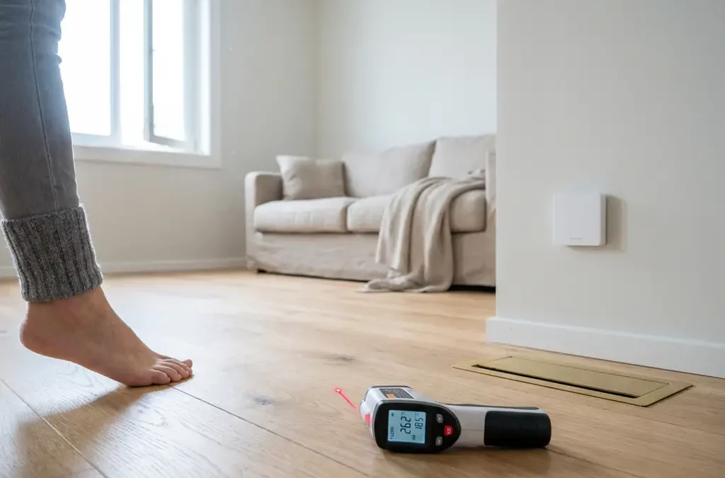 Blote voet op warme eiken vloer met vloerverwarming, thermometer toont warmer vloeroppervlak dan koelere kamerlucht