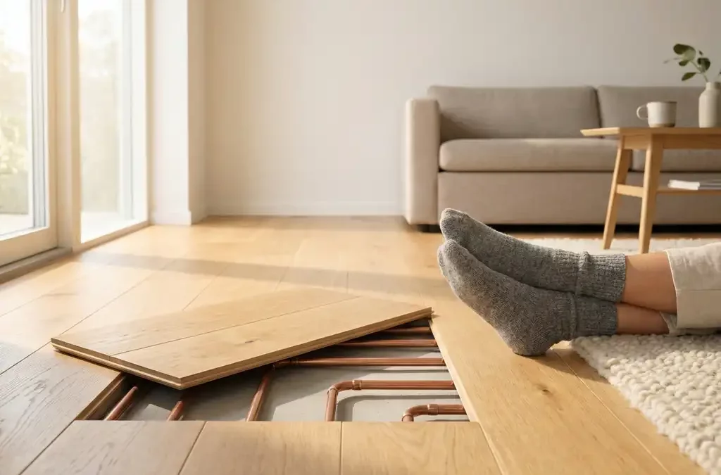 Licht eiken vloer met opgetilde plank die vloerverwarming in screed toont, sokkenvoeten in Scandinavische woonkamer