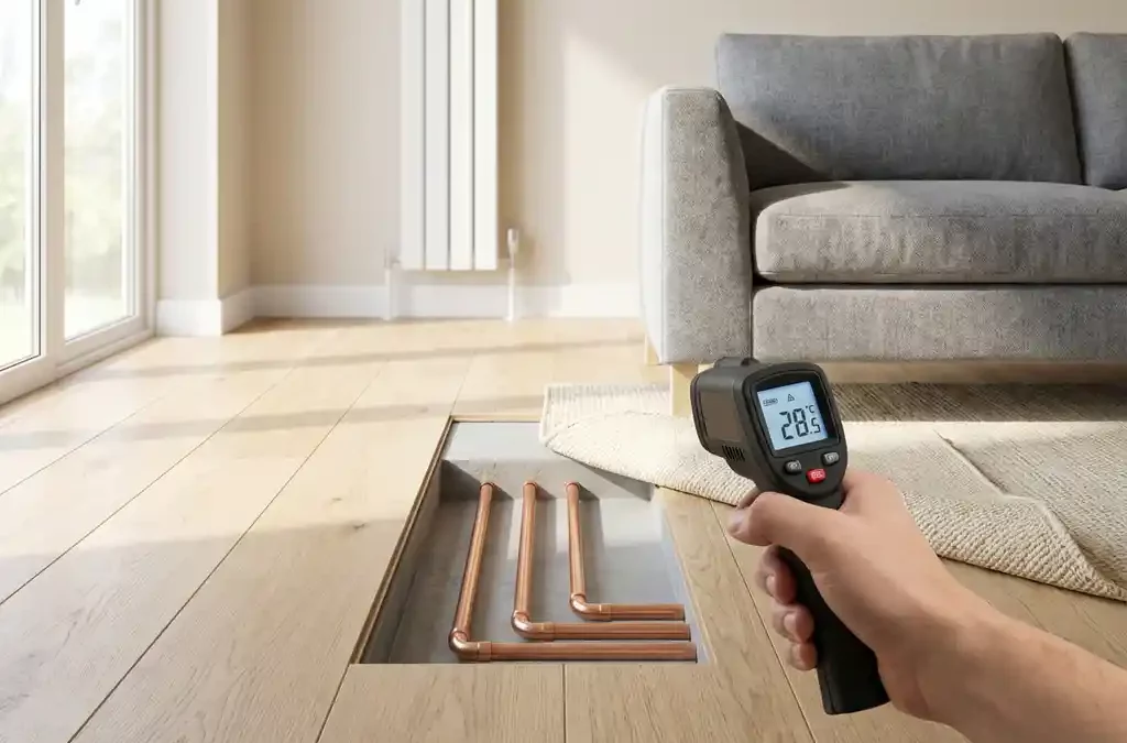 Vloerverwarming met zichtbare warmwaterbuizen onder eiken vloer, huiseigenaar meet warmte met infraroodthermometer in woonkamer