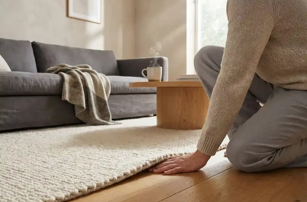 Hand op warme houten vloer bij opgetilde wollen vloerkleed in moderne woonkamer, met stoommok op salontafel in ochtendlicht