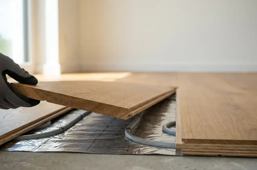 Opgetilde warm eiken engineered houten vloerplank met zichtbare lagen en vloerverwarming, vastgehouden met handschoen