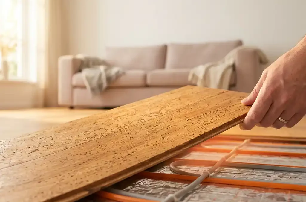 Opgetilde kurkvloerplank met zicht op vloerverwarming, hand toont dikte en textuur in moderne woonkamer met ochtendlicht