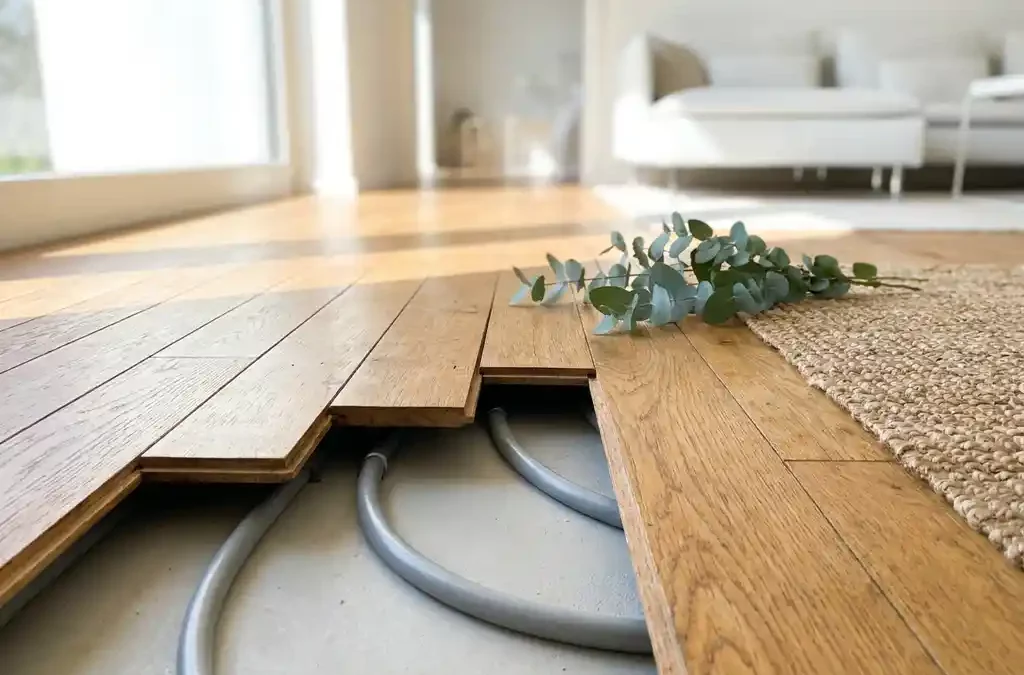 Parketvloer met zichtbare vloerverwarmingbuizen in dekvloer, jute kleed en groen takje, eco interieur in daglicht