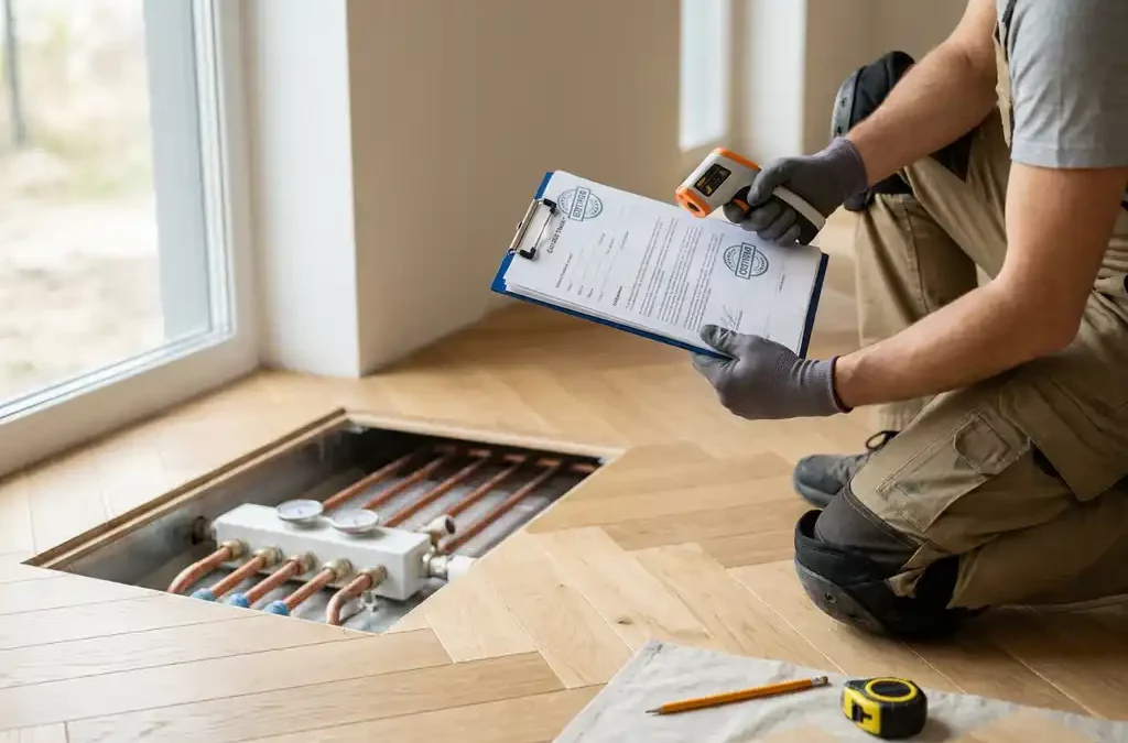 Gecertificeerde parketteur controleert eiken visgraatvloer met IR-thermometer en certificaten, vloerverwarming zichtbaar.
