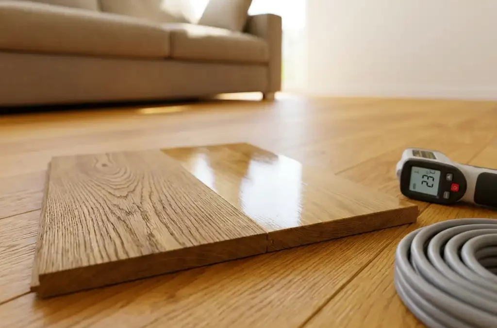 Eiken parketvloer met plankstaal matte olie vs glanzende lak, infraroodthermometer en vloerverwarming in woonkamer