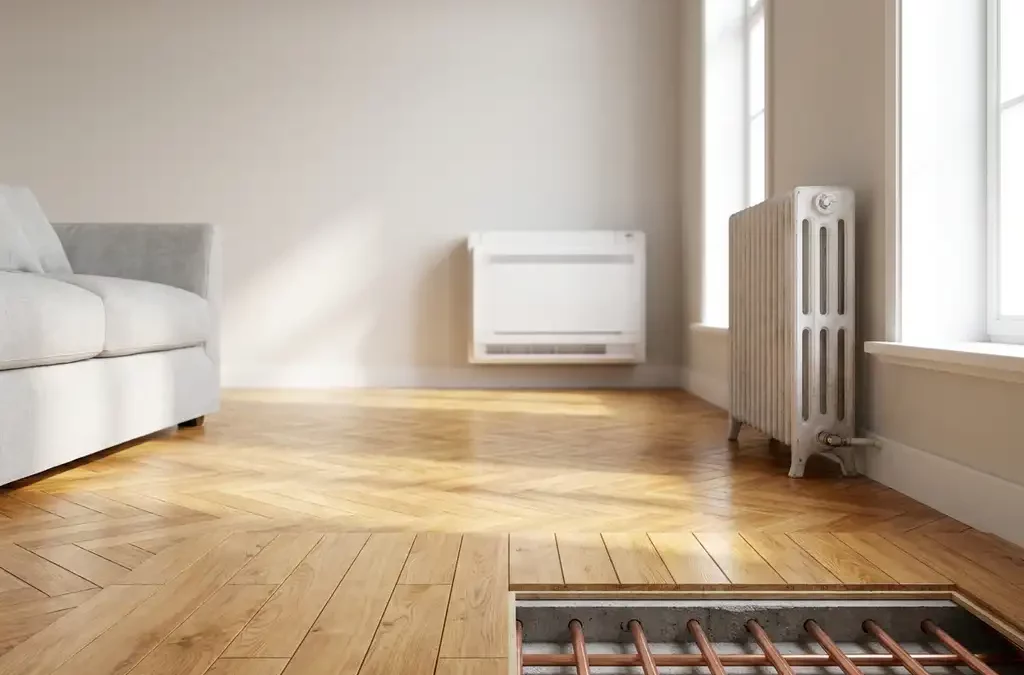 Honingkleurige parketvloer met uitsnede die vloerverwarming toont, warmtepompunit en oude radiator in moderne woonkamer