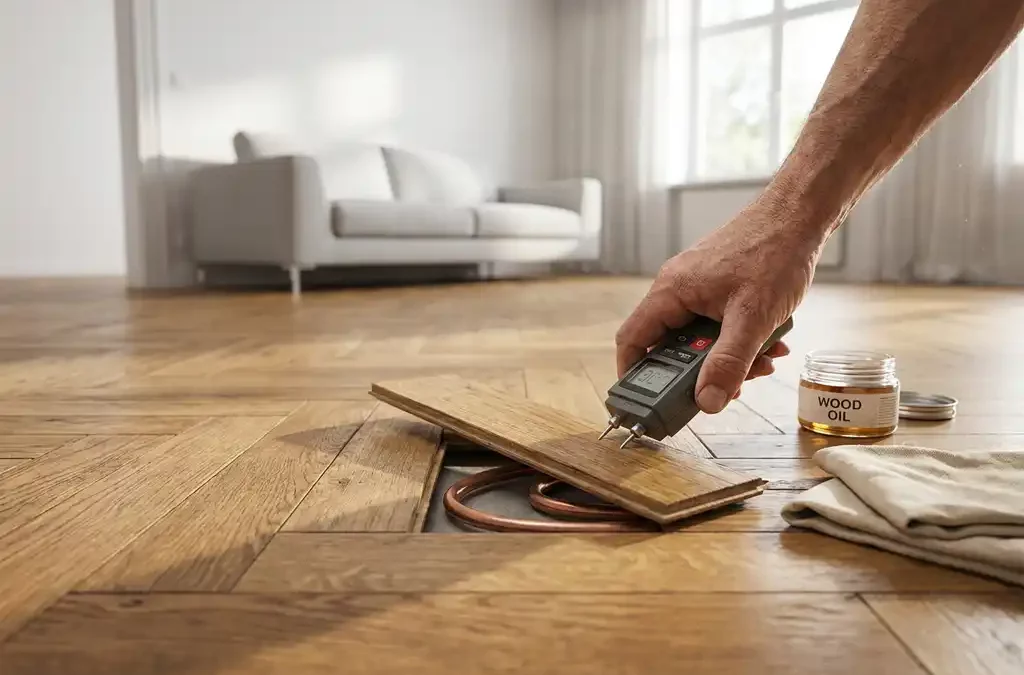 Vochtmeter op opgetilde eiken parketplank met zichtbare vloerverwarmingsbuizen, houtolie en doek in lichte woonkamer