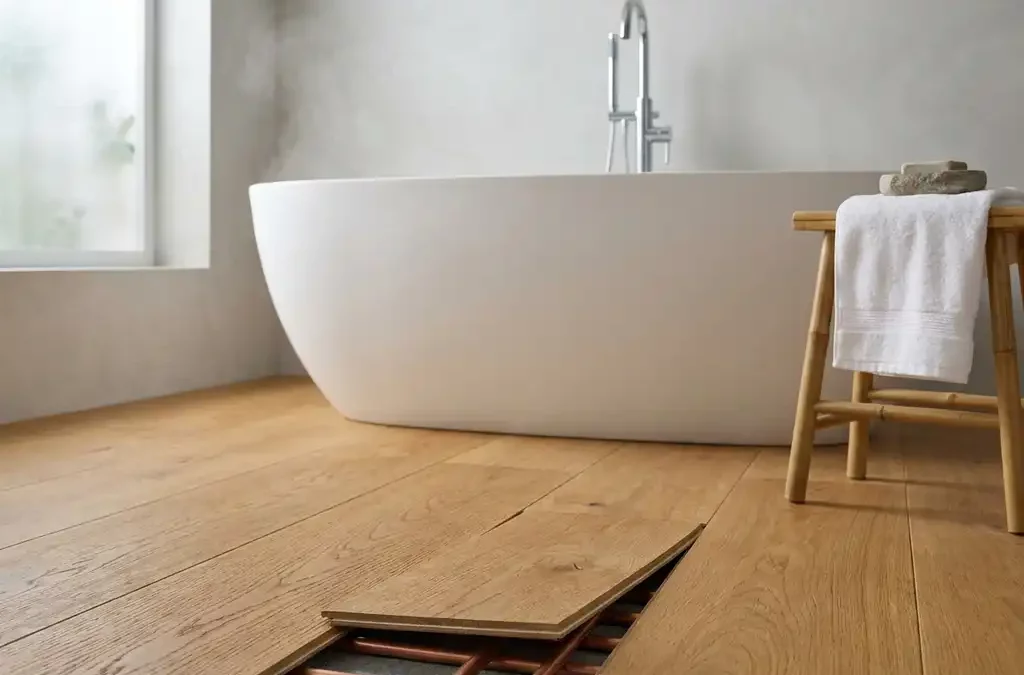 Opgetilde eiken parketplank met zichtbare vloerverwarmingsbuizen in moderne badkamer, met vrijstaand bad op achtergrond