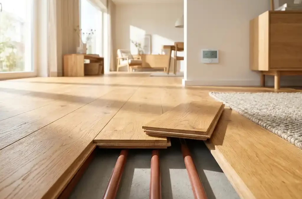 Eiken parketvloer met opgetilde planken die vloerverwarming in dekvloer tonen, moderne woonkamer met daglicht