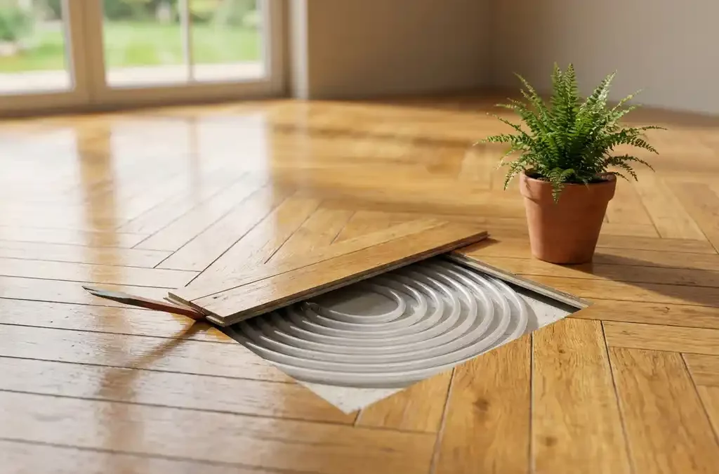 Opgetilde eiken parketplank toont vloerverwarmingbuizen in dekvloer, met plant en zonlicht in moderne woonkamer.
