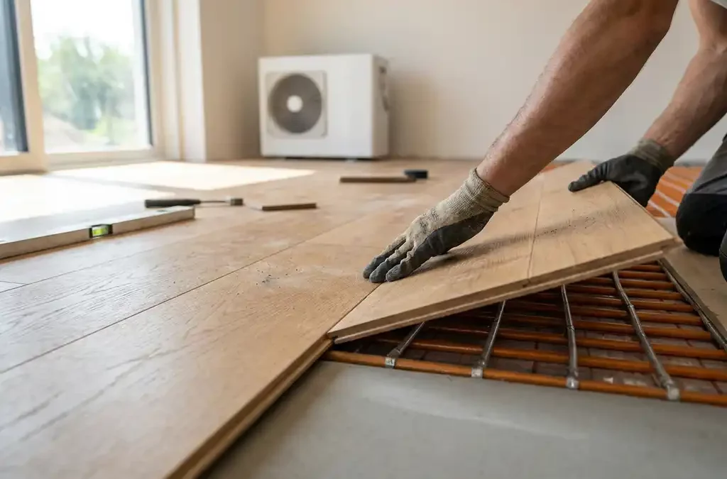 Eiken plankenvloer met zichtbare vloerverwarming in dekvloer, installateur klikt plank vast, warmtepomp op achtergrond