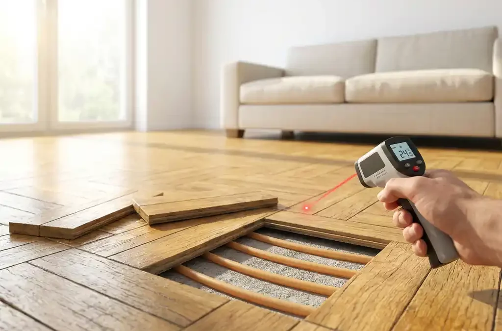 Opgetilde eiken parketvloer met zichtbare vloerverwarmingsbuizen; hand meet temperatuur met infraroodthermometer in woonkamer.
