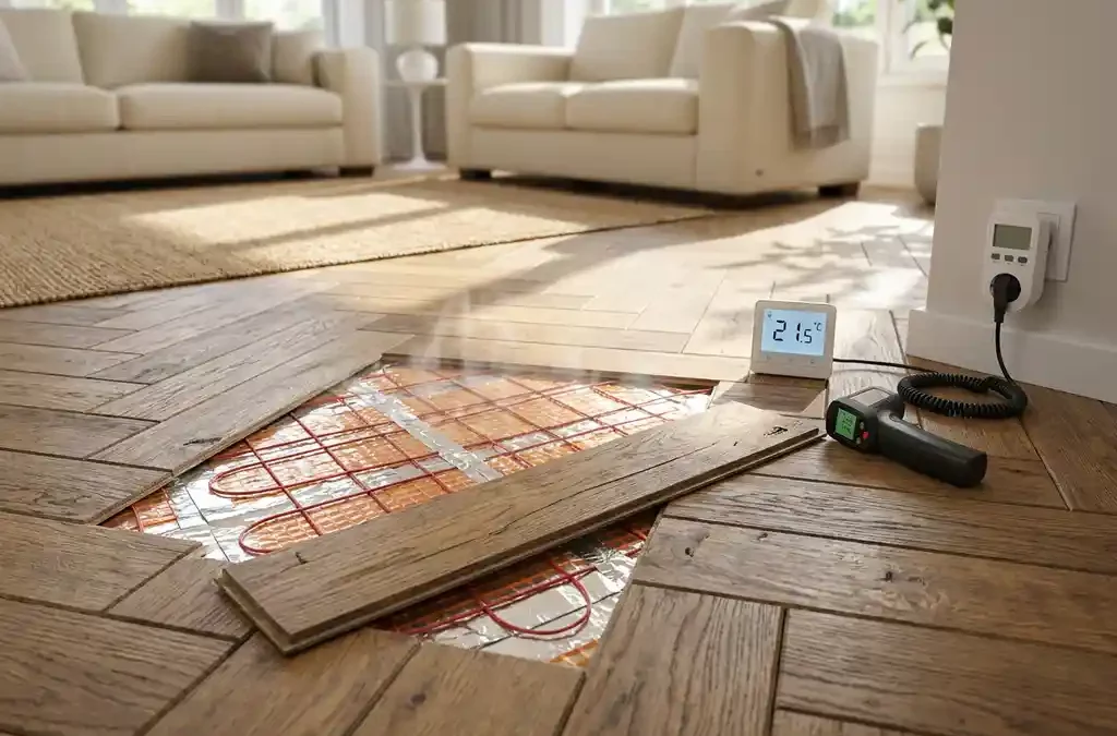 Opgetilde parketplank toont vloerverwarming, met digitale thermostaat en infraroodthermometer in moderne woonkamer.