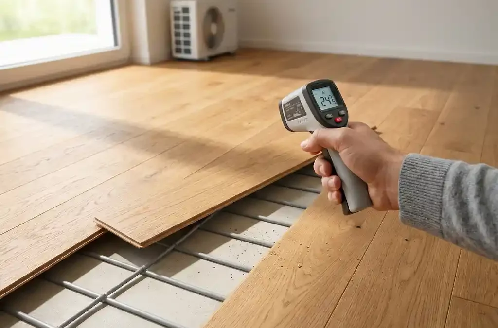 Hand met infraroodthermometer meet warme parketvloer met opgetilde plank, vloerverwarming en warmtepomp op achtergrond