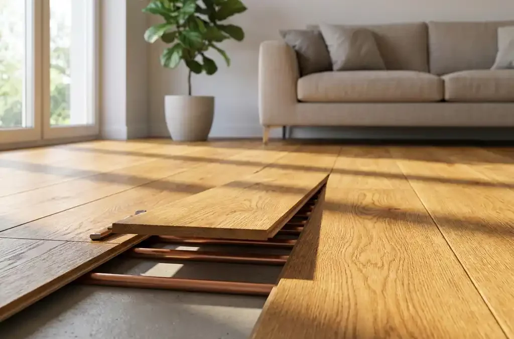 Opgetilde parketplank toont vloerverwarmingbuizen in dekvloer, warm houten vloer in moderne woonkamer met daglicht