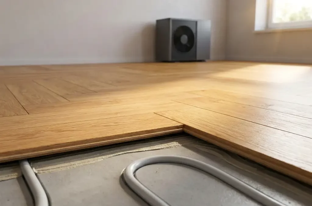 Opgetilde parketplank toont vloerverwarmingbuizen in dekvloer, met warm houten vloer en warmtepomp op achtergrond.