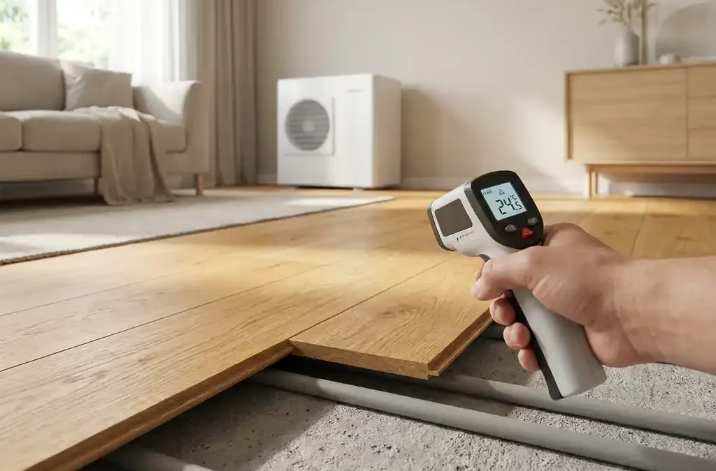 Hand met infraroodthermometer meet warme parketvloer met zichtbare vloerverwarmingsbuizen; warmtepomp op achtergrond
