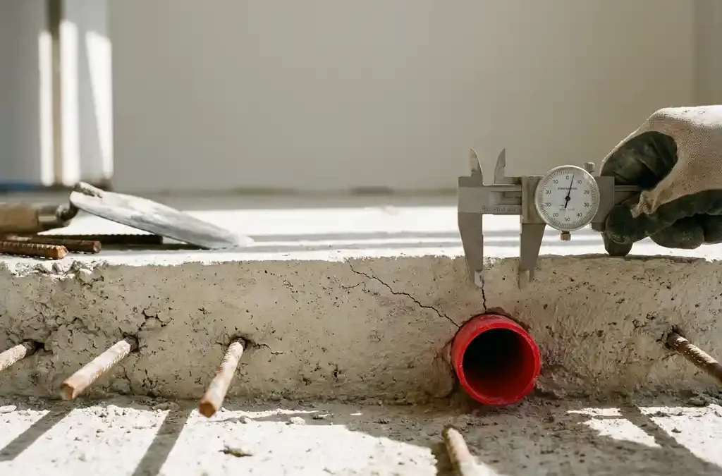 Scheur bij rode vloerverkoelingsbuis in dunne betonnen vloerplaat; installateur meet dikte met schuifmaat op bouwplaats