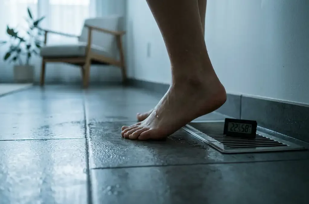 Blote voet op natte tegelvloer met condens en waterdruppels, hygrometer bij vloervent in minimalistische woonkamer.