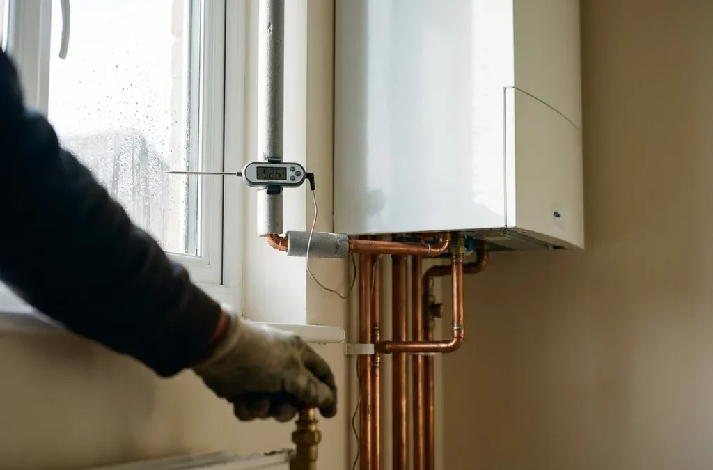 Thermometer op cv-ketel aanvoerleiding met condens op raam, monteur stelt radiatorkraan af in bijkeuken
