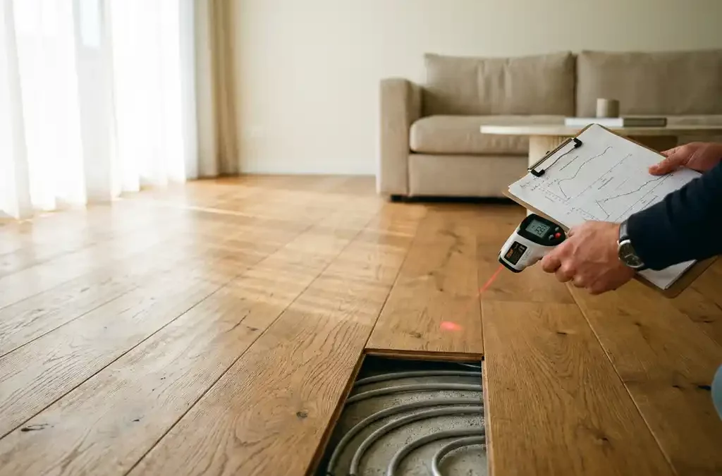 Opgetilde eikenhouten vloerplank met hydronische koelleidingen eronder; onderzoeker meet met infraroodthermometer in woonkamer.