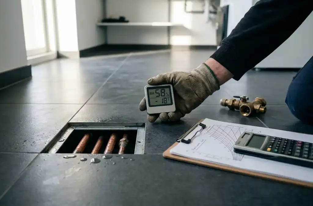 Technicus houdt digitale hygrometer boven koele tegelvloer met vloerverkoelingsbuizen, condens en psychrometrische chart.