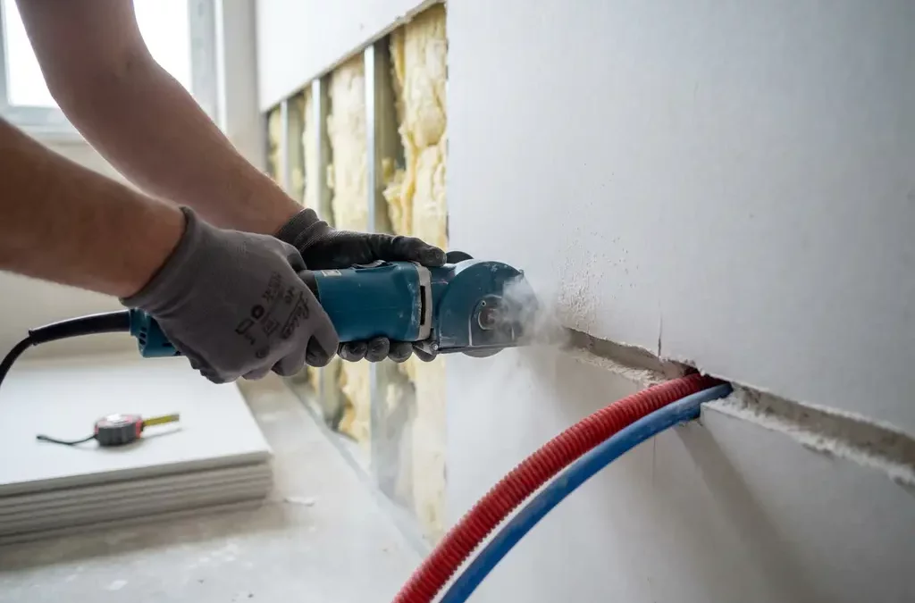 Handen van gipsplaatmonteur frezen sleuf in gipswand met rode elektrabuis en blauwe waterleiding in renovatieruimte