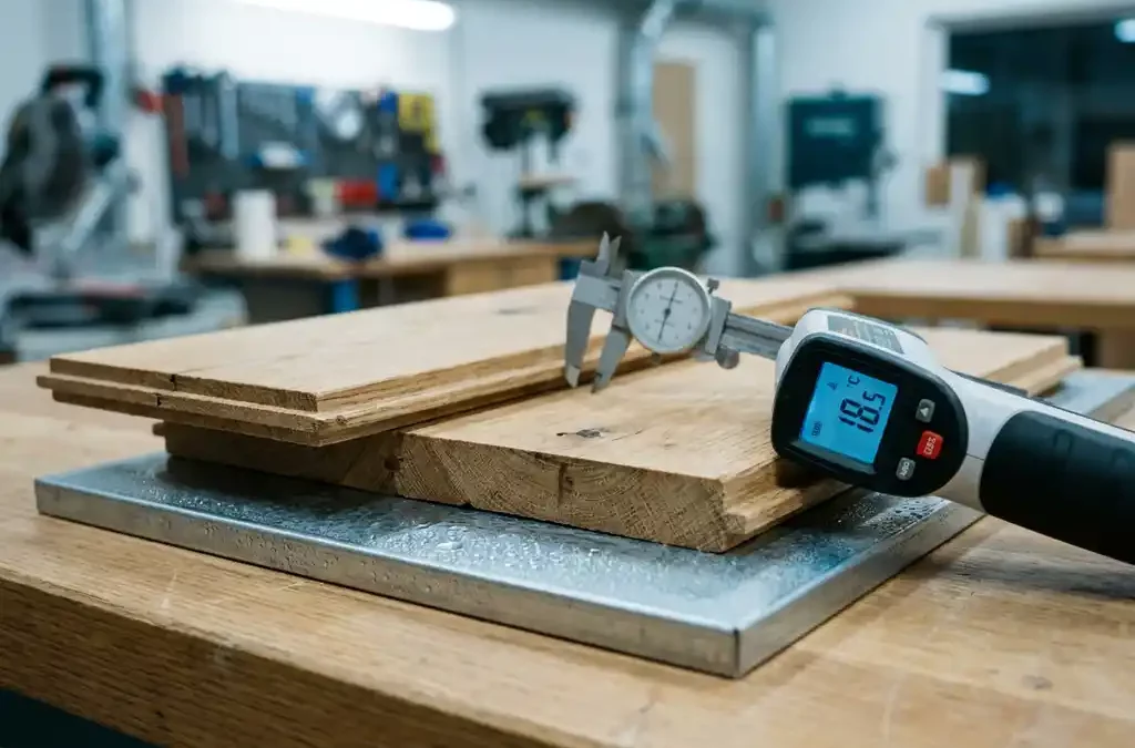 Parquetplanken op ondervloerkoelingspaneel, met infraroodthermometer en schuifmaat die dikte en koeling meten