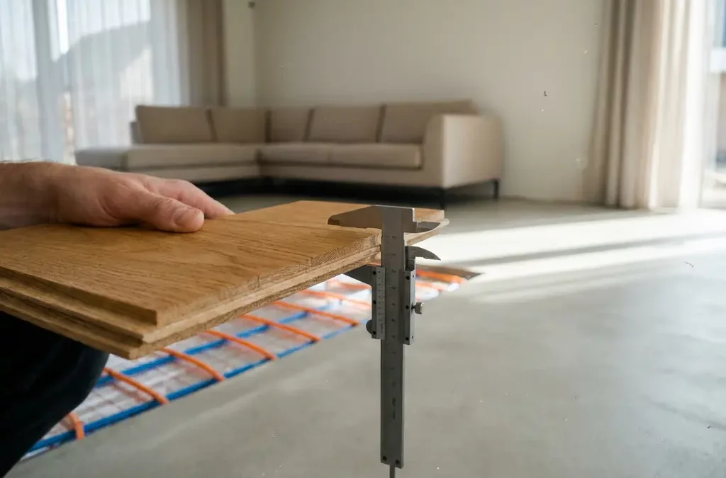 Metalen schuifmaat meet dikte van eiken parketplank boven vloerverwarming buizen in betonnen dekvloer.