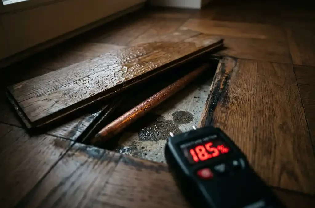 Opgetilde eiken parketplank met condens op koelbuis en vochtmeter, vochtige ondervloer en lichte kromtrekking zichtbaar