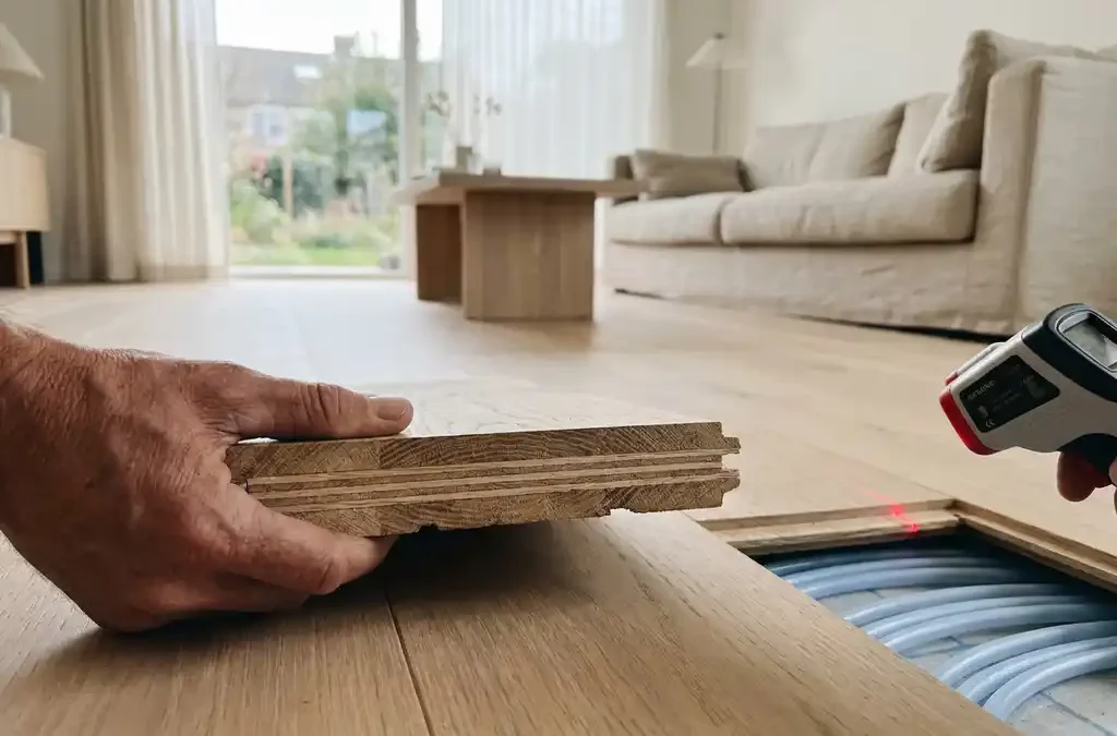 Hand met parketvloer doorsnede, lagen zichtbaar; infraroodthermometer meet temperatuur boven vloerverkoeling in moderne woonkamer.