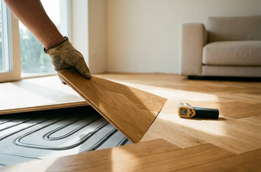 Opgetilde eiken visgraat parketplank met zichtbare ondervloerse koelleidingen in dekvloer, infraroodthermometer op vloer