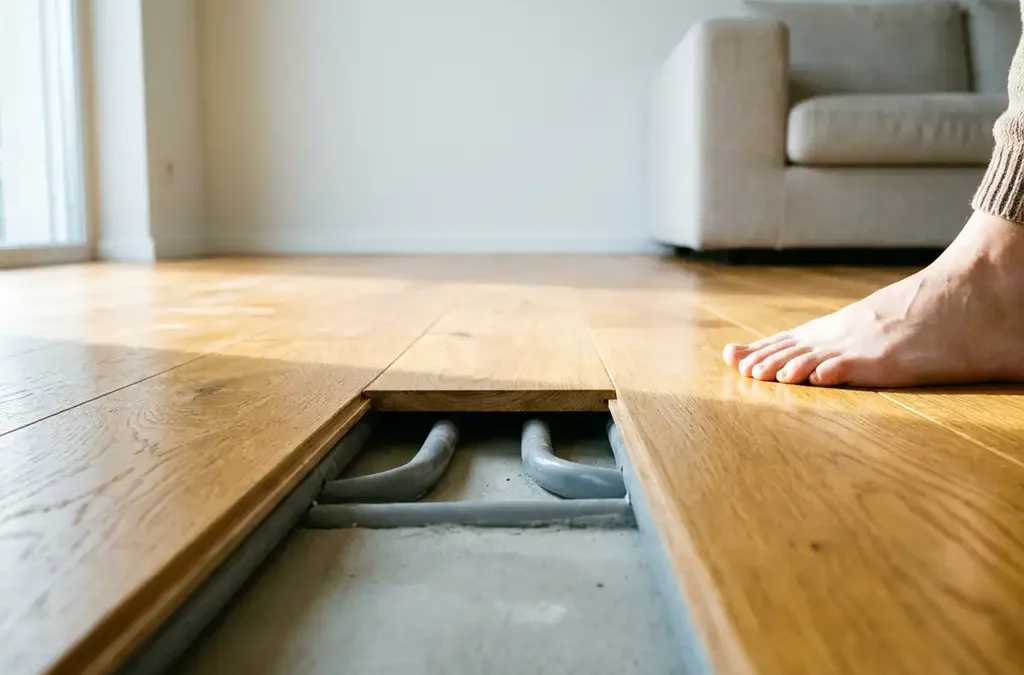 Parquetvloer met opgetilde plank die vloerverwarming- en koelleidingen toont, blote voet in moderne woonkamer met daglicht