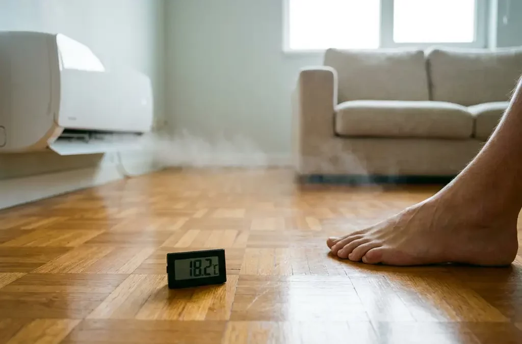Blote voet op honingkleurige parketvloer met koele mist van warmtepomp, thermometer toont lage temperatuur in Scandinavische woonkamer