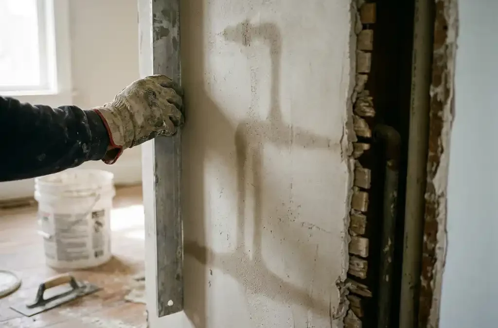 Gloved hand checks freshly plastered wall with straightedge; faint plumbing pipes show through in renovation setting.