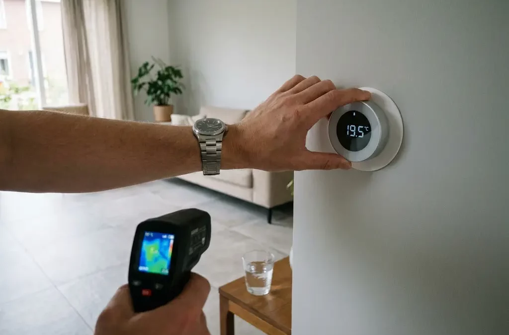 Hand stelt wandthermostaat af met infraroodthermometer op koele tegelvloer, glas water met condens in moderne woonkamer