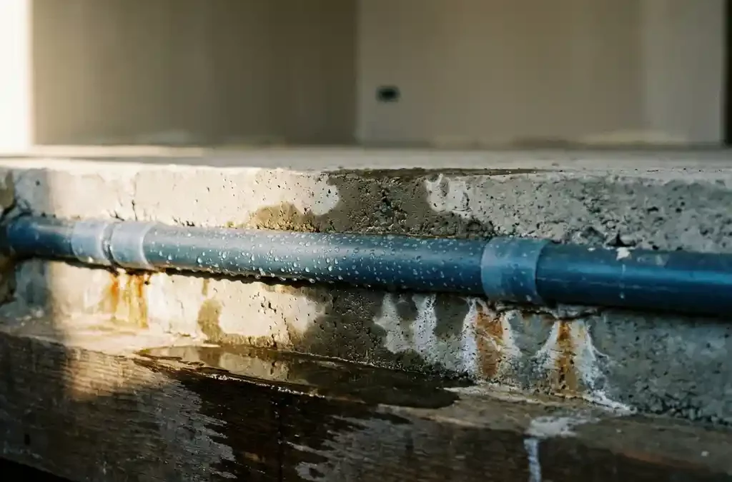 Betonnen vloerslab met blauwe koelbuizen, condens en vochtplekken in de dekvloer, plas langs houten ondervloer.