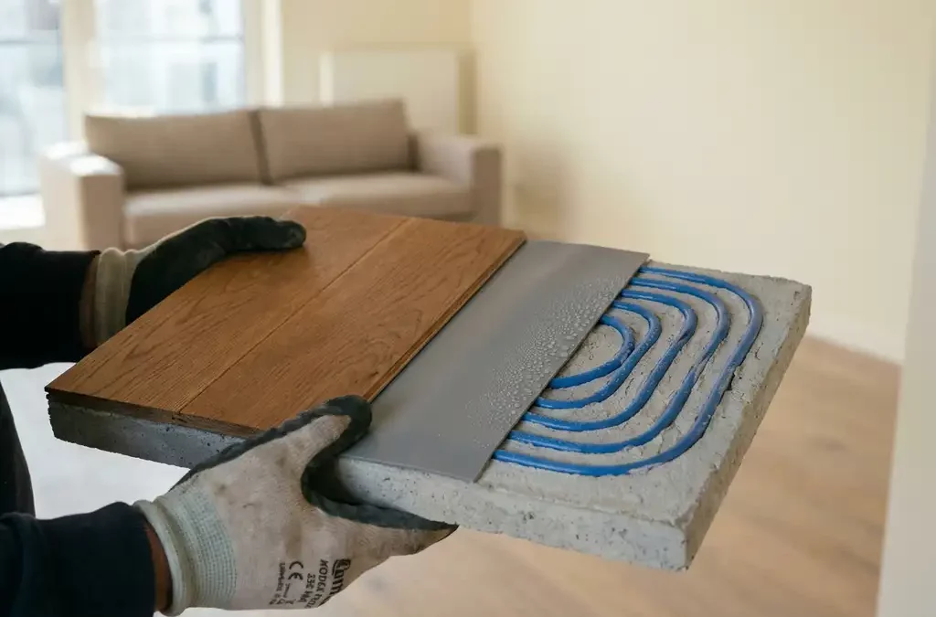Vloerkoeling sampleplank met eiken parket en grijze PVC, zichtbare koelbuis in dekvloer, condens in moderne woonkamer