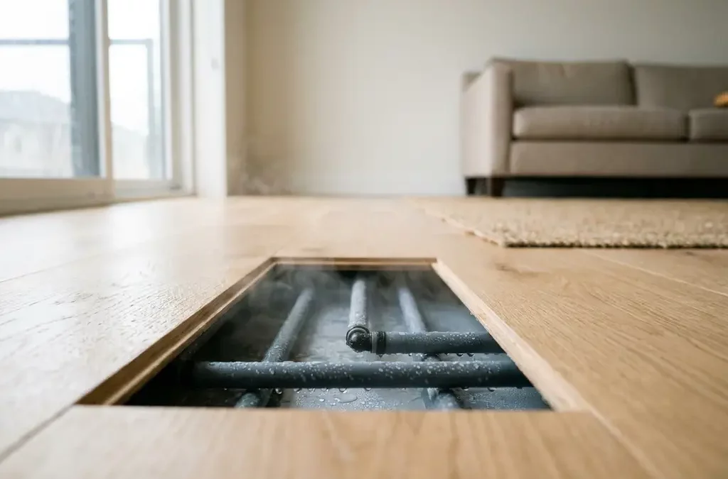 Opgetilde eiken vloerplanken met zichtbare vloerverkoelingsbuizen, condensdruppels en vocht in moderne woonkamer.